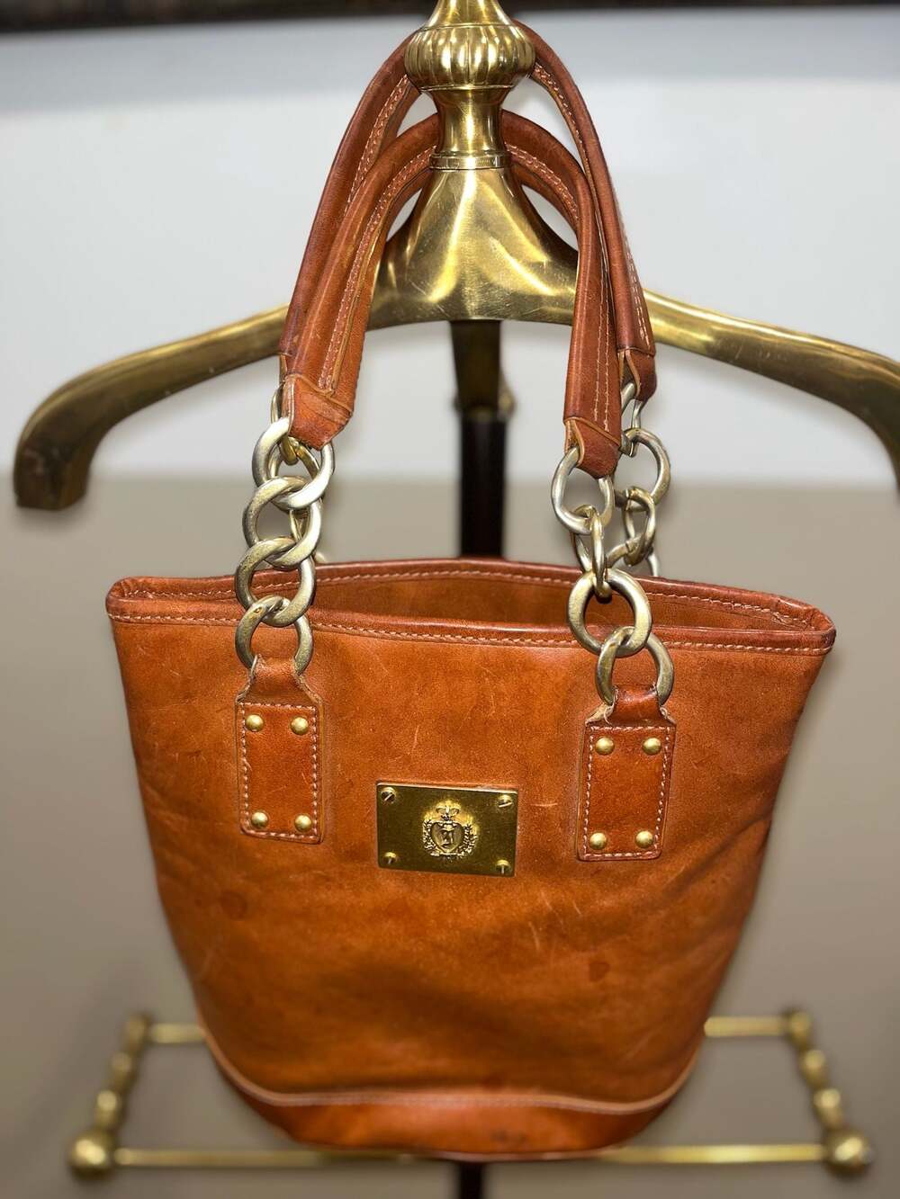 Vintage Juicy Couture Brown Leather Chain Bucket Tote Bag
